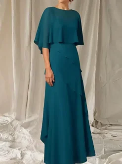 Robe de soirée pour mère de la mariée col bijou manches mi-longues robe de bal à volants robes d'invitées pour mariage