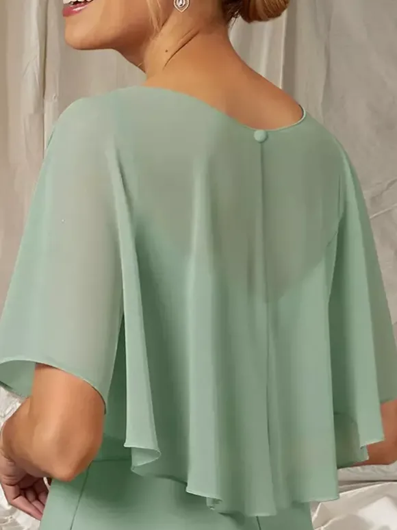 Robe de soirée pour mère de la mariée col bijou manches mi-longues robe de bal à volants robes d'invitées pour mariage