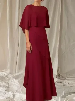 Robe de soirée pour mère de la mariée col bijou manches mi-longues robe de bal à volants robes d'invitées pour mariage