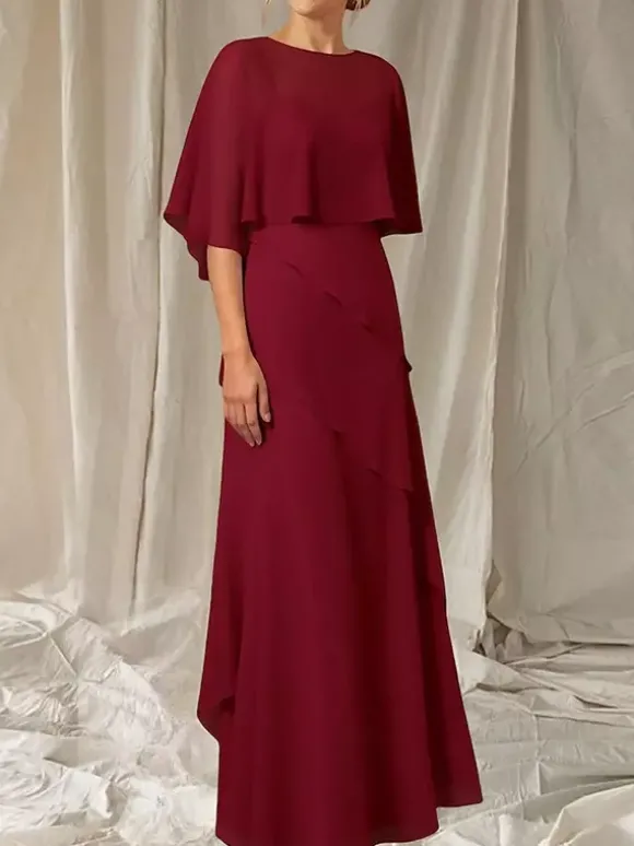 Robe de soirée pour mère de la mariée col bijou manches mi-longues robe de bal à volants robes d'invitées pour mariage