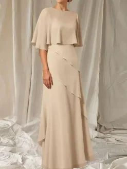 Robe de soirée pour mère de la mariée col bijou manches mi-longues robe de bal à volants robes d'invitées pour mariage