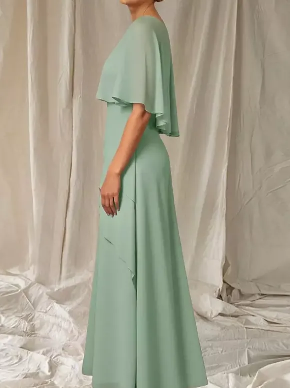 Robe de soirée pour mère de la mariée col bijou manches mi-longues robe de bal à volants robes d'invitées pour mariage