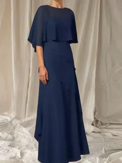 Robe de soirée pour mère de la mariée col bijou manches mi-longues robe de bal à volants robes d'invitées pour mariage