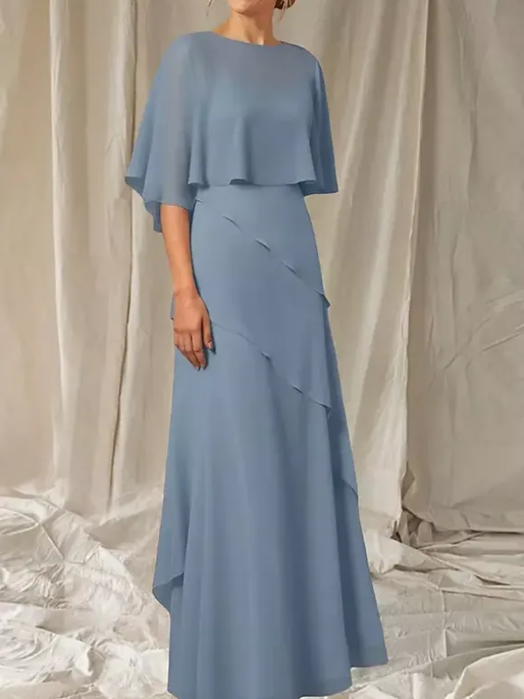 Robe de soirée pour mère de la mariée col bijou manches mi-longues robe de bal à volants robes d'invitées pour mariage