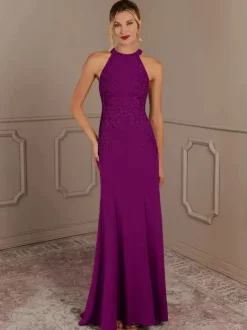 Robe de soirée pour mère de la mariée col licou sans manches sirène perlée avec traîne robes d'invitées pour mariage