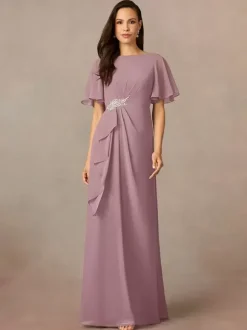 Robe de soirée pour mère de la mariée col bijou manches courtes ligne a plissée robes d'invitées de mariage
