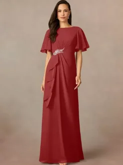 Robe de soirée pour mère de la mariée col bijou manches courtes ligne a plissée robes d'invitées de mariage