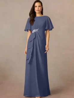 Robe de soirée pour mère de la mariée col bijou manches courtes ligne a plissée robes d'invitées de mariage