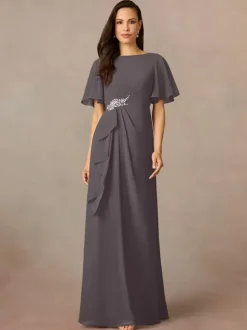 Robe de soirée pour mère de la mariée col bijou manches courtes ligne a plissée robes d'invitées de mariage