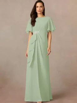 Robe de soirée pour mère de la mariée col bijou manches courtes ligne a plissée robes d'invitées de mariage
