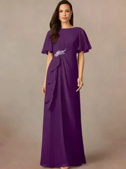 Robe de soirée pour mère de la mariée col bijou manches courtes ligne a plissée robes d'invitées de mariage