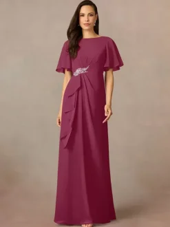 Robe de soirée pour mère de la mariée col bijou manches courtes ligne a plissée robes d'invitées de mariage