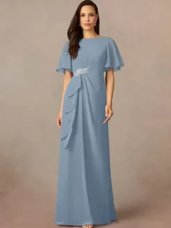 Robe de soirée pour mère de la mariée col bijou manches courtes ligne a plissée robes d'invitées de mariage