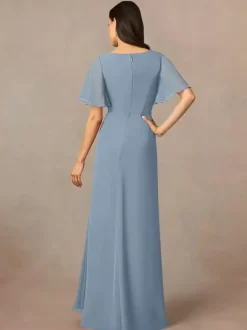 Robe de soirée pour mère de la mariée col bijou manches courtes ligne a plissée robes d'invitées de mariage