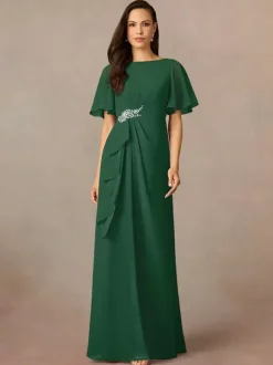 Robe de soirée pour mère de la mariée col bijou manches courtes ligne a plissée robes d'invitées de mariage