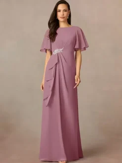 Robe de soirée pour mère de la mariée col bijou manches courtes ligne a plissée robes d'invitées de mariage