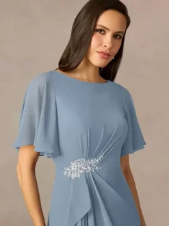 Robe de soirée pour mère de la mariée col bijou manches courtes ligne a plissée robes d'invitées de mariage