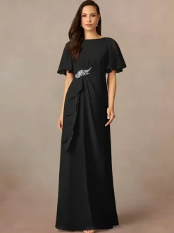 Robe de soirée pour mère de la mariée col bijou manches courtes ligne a plissée robes d'invitées de mariage
