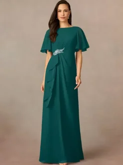 Robe de soirée pour mère de la mariée col bijou manches courtes ligne a plissée robes d'invitées de mariage