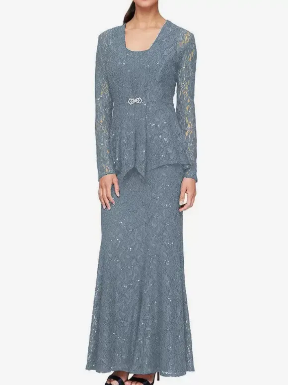 Robe de soirée pour mère de la mariée col en bijou manches longues sirène robes d'invitées de mariage en dentelle