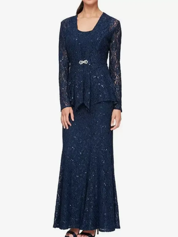 Robe de soirée pour mère de la mariée col en bijou manches longues sirène robes d'invitées de mariage en dentelle