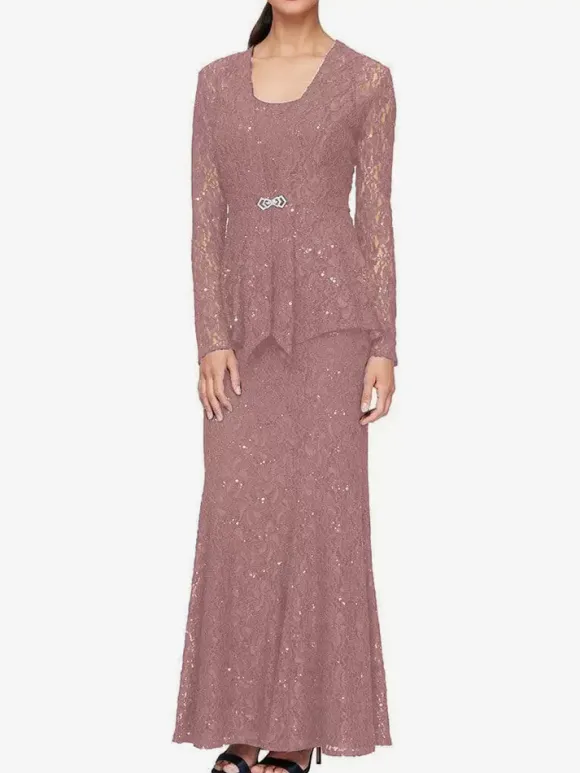 Robe de soirée pour mère de la mariée col en bijou manches longues sirène robes d'invitées de mariage en dentelle