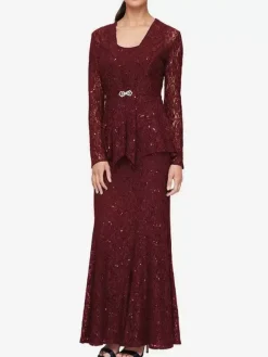 Robe de soirée pour mère de la mariée col en bijou manches longues sirène robes d'invitées de mariage en dentelle