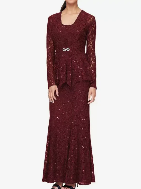 Robe de soirée pour mère de la mariée col en bijou manches longues sirène robes d'invitées de mariage en dentelle