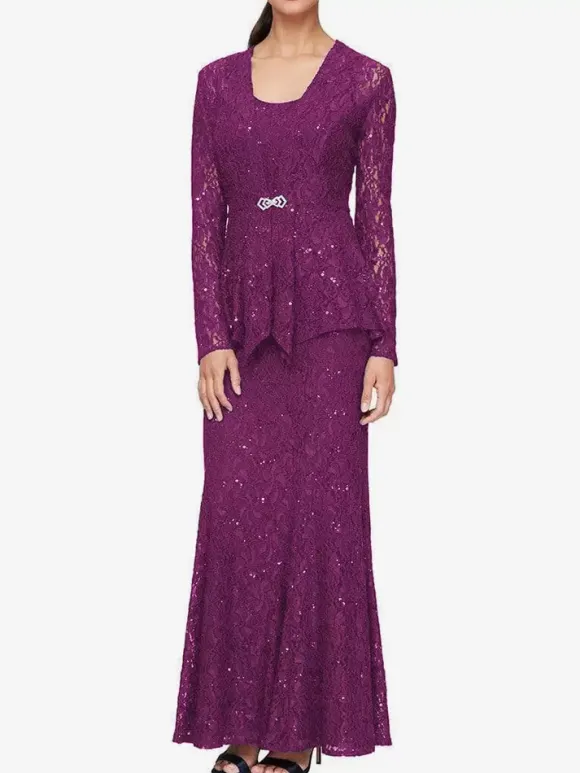 Robe de soirée pour mère de la mariée col en bijou manches longues sirène robes d'invitées de mariage en dentelle