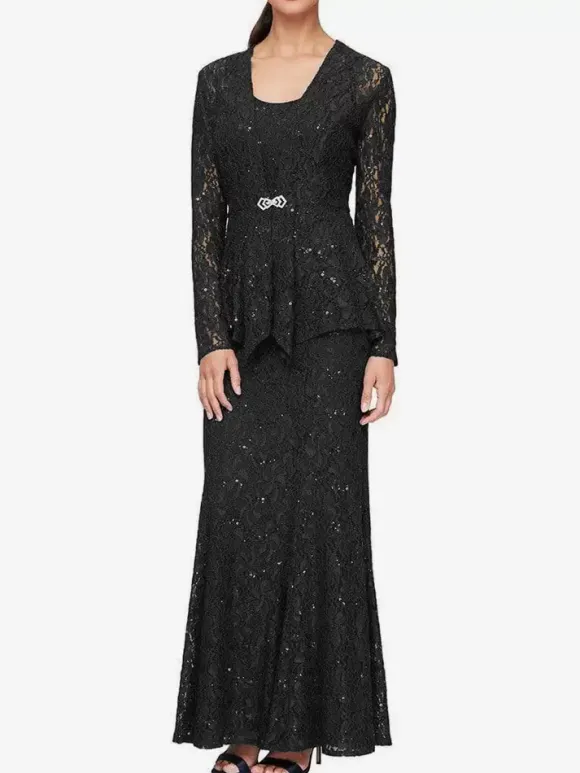 Robe de soirée pour mère de la mariée col en bijou manches longues sirène robes d'invitées de mariage en dentelle