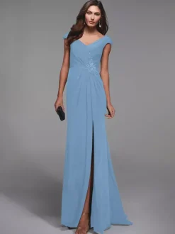 Robe de soirée pour mère de la mariée col en v manches courtes détails en dentelle robes d'invitées sirène pour mariage