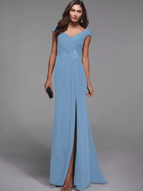 Robe de soirée pour mère de la mariée col en v manches courtes détails en dentelle robes d'invitées sirène pour mariage