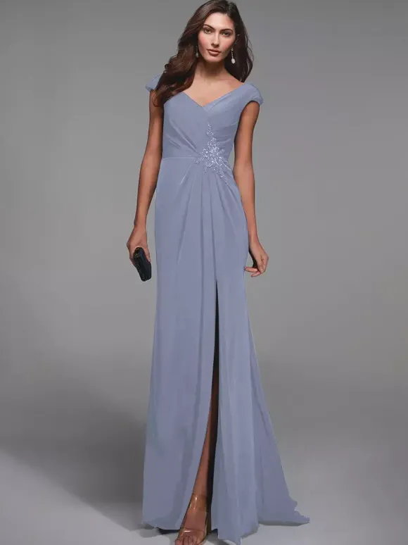 Robe de soirée pour mère de la mariée col en v manches courtes détails en dentelle robes d'invitées sirène pour mariage