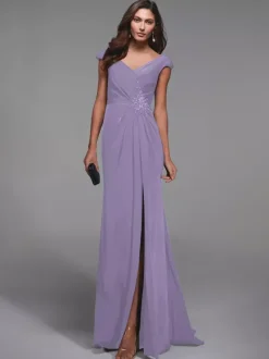 Robe de soirée pour mère de la mariée col en v manches courtes détails en dentelle robes d'invitées sirène pour mariage