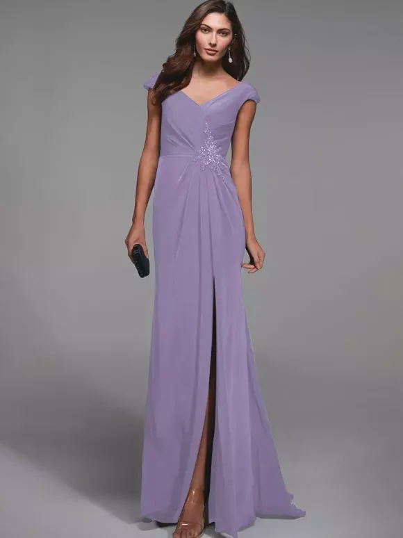 Robe de soirée pour mère de la mariée col en v manches courtes détails en dentelle robes d'invitées sirène pour mariage