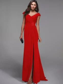 Robe de soirée pour mère de la mariée col en v manches courtes détails en dentelle robes d'invitées sirène pour mariage