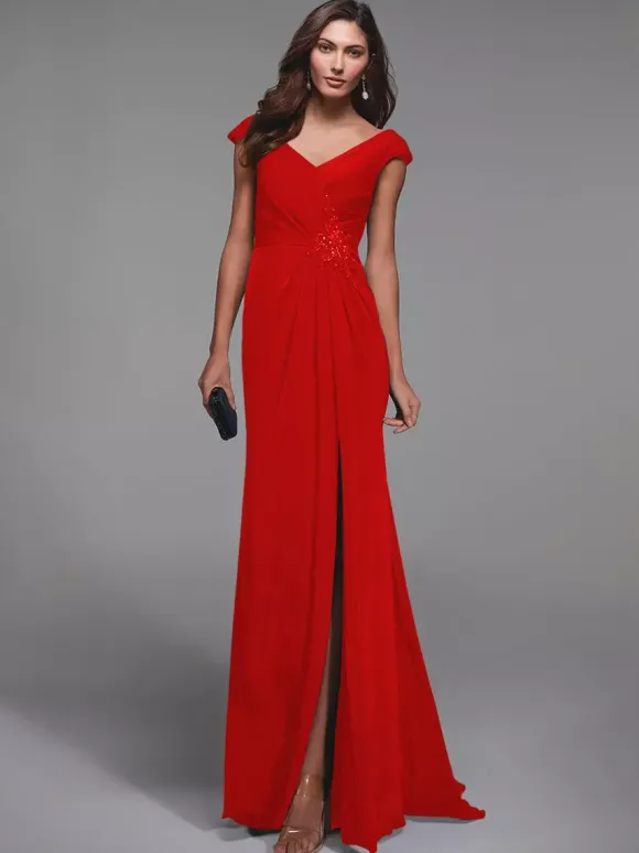 Robe de soirée pour mère de la mariée col en v manches courtes détails en dentelle robes d'invitées sirène pour mariage