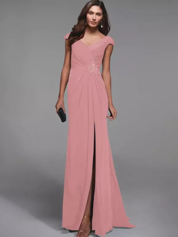 Robe de soirée pour mère de la mariée col en v manches courtes détails en dentelle robes d'invitées sirène pour mariage