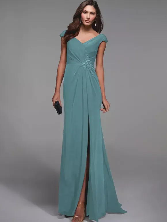 Robe de soirée pour mère de la mariée col en v manches courtes détails en dentelle robes d'invitées sirène pour mariage