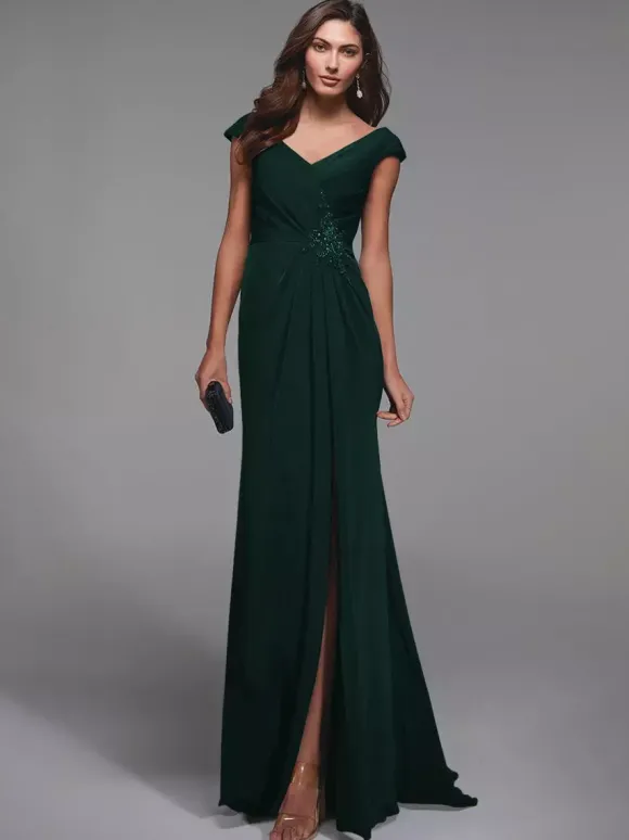 Robe de soirée pour mère de la mariée col en v manches courtes détails en dentelle robes d'invitées sirène pour mariage