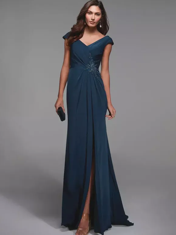 Robe de soirée pour mère de la mariée col en v manches courtes détails en dentelle robes d'invitées sirène pour mariage