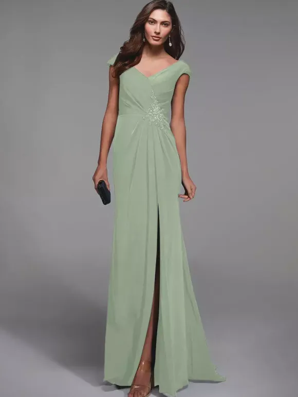 Robe de soirée pour mère de la mariée col en v manches courtes détails en dentelle robes d'invitées sirène pour mariage