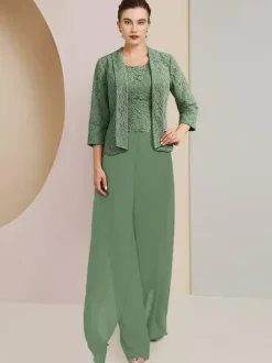 Robe de soirée pour mère de la mariée col bijou manches 3/4 deux pièces en dentelle robes d'invitées de mariage