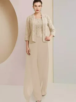 Robe de soirée pour mère de la mariée  col bijou  manches 3/4  deux pièces en dentelle  robes d'invitées de mariage