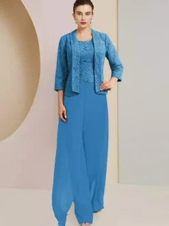 Robe de soirée pour mère de la mariée  col bijou  manches 3/4  deux pièces en dentelle  robes d'invitées de mariage