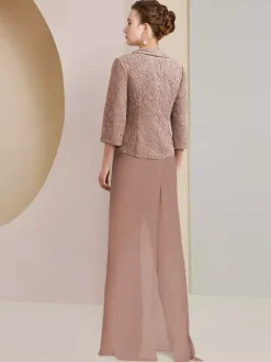 Robe de soirée pour mère de la mariée  col bijou  manches 3/4  deux pièces en dentelle  robes d'invitées de mariage