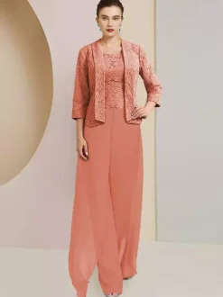 Robe de soirée pour mère de la mariée  col bijou  manches 3/4  deux pièces en dentelle  robes d'invitées de mariage