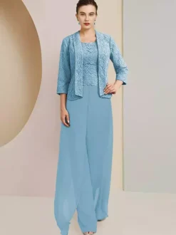 Robe de soirée pour mère de la mariée  col bijou  manches 3/4  deux pièces en dentelle  robes d'invitées de mariage