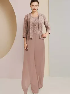Robe de soirée pour mère de la mariée  col bijou  manches 3/4  deux pièces en dentelle  robes d'invitées de mariage