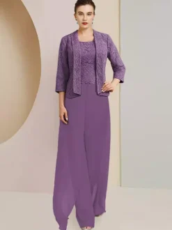 Robe de soirée pour mère de la mariée  col bijou  manches 3/4  deux pièces en dentelle  robes d'invitées de mariage